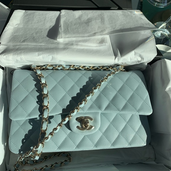 22P CHANEL Medium Classic Double Flap Bag Light Blue Caviar LGHW NWT - Picture 7 of 17